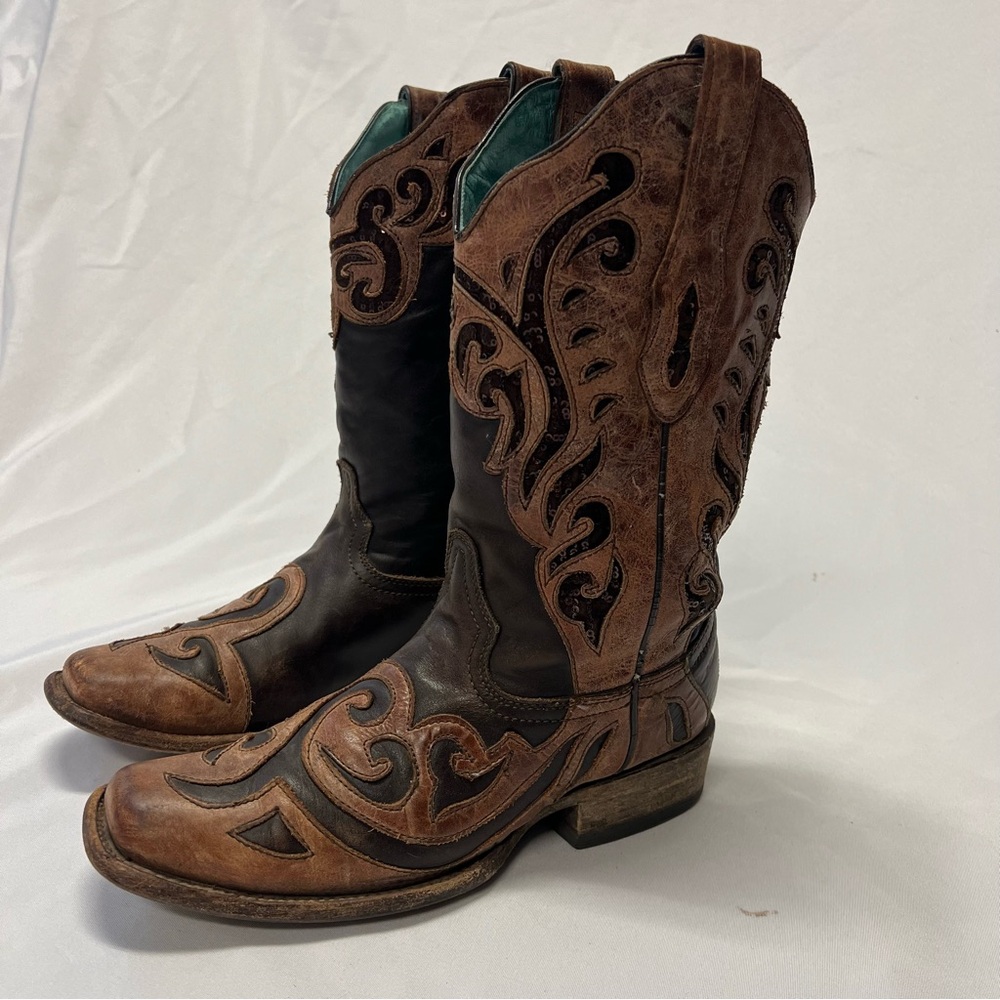 Corral Women’s Leather Two Tone Inlay Brown Square Toe Cowboy Boots Size 9.5 - Picture 2 of 9